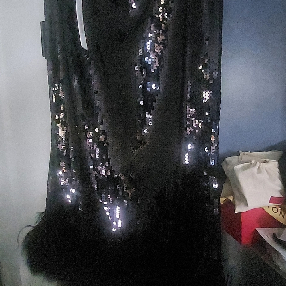 EXPRESS fav Black sequin stretchy midi skirt with feather detail at bottom